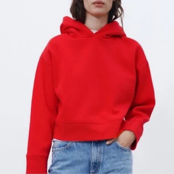 Zara Red Cropped Hooded Sweater Size Small - Picture 1 of 7